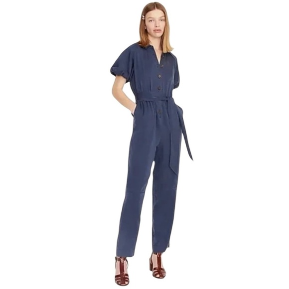 NWT J. Crew Puff Sleeve Drapey Belted Jumpsuit Blue Size 0 - Picture 1 of 11